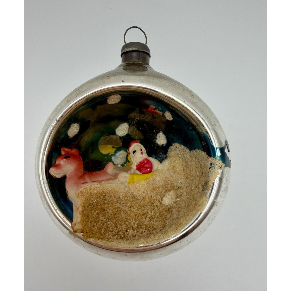 Vintage Mercury Glass Diorama Christmas Ornament Santa Sleigh Reindeer Japan